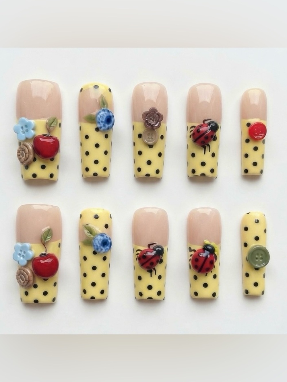 Yellow Polka Dot Nail Set with Cute 3D Accents